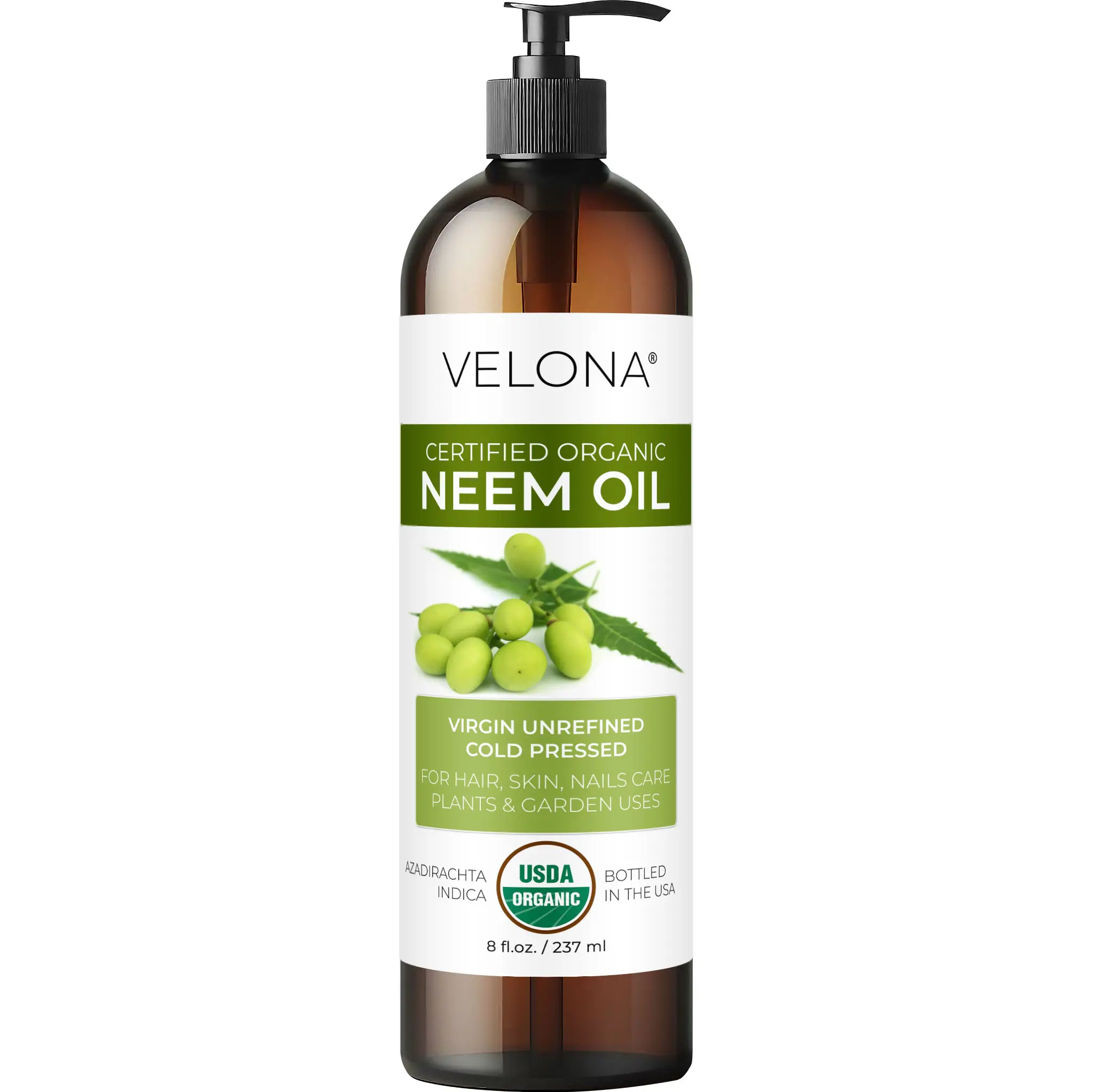 velona Neem Oil USDA Certified Organic - 8 fl oz | 100% Pure and Natural Carrier Oil | Virgin, Unrefined, Cold Pressed | Hair, Body and Skin Care