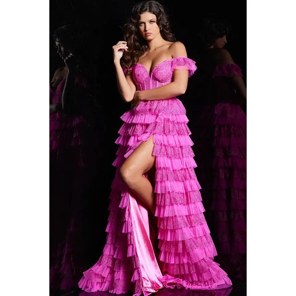 Jovani -38251 Corset Bodice Off Shoulder Layered Ball Gown