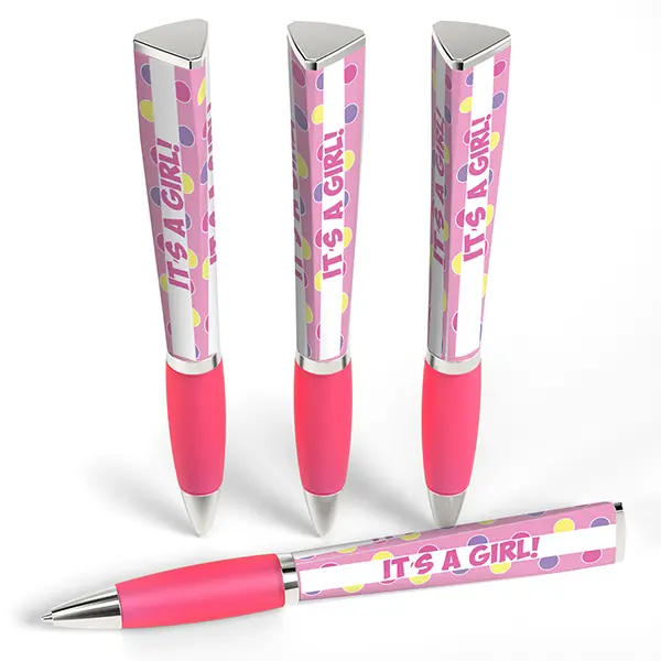 It’s a Girl Triangular Writing Pen, Colorful Office Stationery with 360° Full Imprint, Silver Accents, Medium Point Black Ink, Ideal for Celebrating Sweetest Arrival