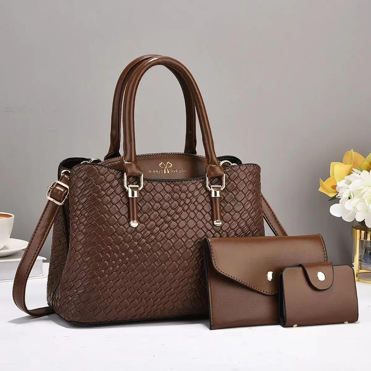 Woven Texture Three-piece Set Large Capacity One Shoulder Combination Bags PU Material Polyester Cotton Lining Zipper Closure American Retro European Style Daily Use Black Coffee Khaki Pink Blue White Colors