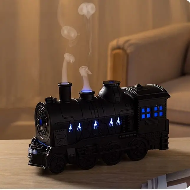 Black Small Train Ultrasonic Aroma Diffuser, 200ml+ Capacity, Smoke-Ring Mist effect, Blue Flame LED