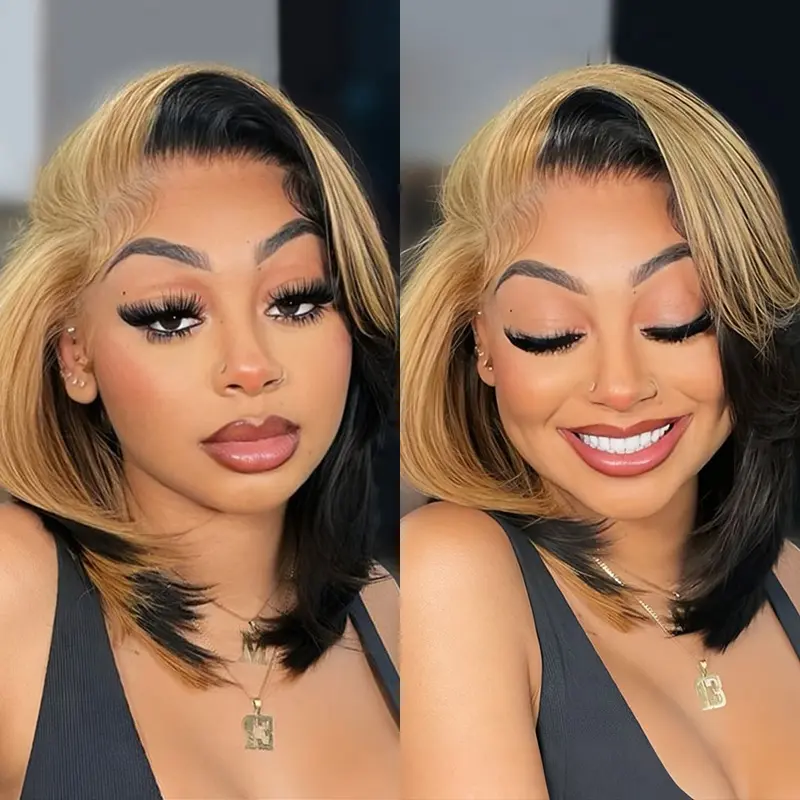 Wiggins Hair Honey Blonde Skunk Stripe Glueless Straight Wig Side Part Layer Cut 13x6 Lace Frontal Wigs Human Hair Ready To Go Pre Cut Lace Wigs Beginners Friendly