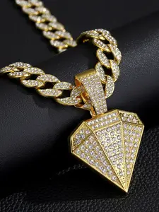 Cuban Chain Alloy Full Drill Necklace with Pendant, Zircon Decorated Stainless Steel, Party Fashion Hip Hop Jewelry, Statement Necklace, Cuban Link Chain
