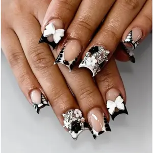French Tip Press-On Nails – Short Square Fake Nails with Bow Charms, Zebra Print, Flowers & Rhinestones, 24 Pcs Stick-On Nails for Women
