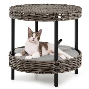 COSTWAY - 2-tier Rattan Cat Nest with Removable Padded Cushion-Gray