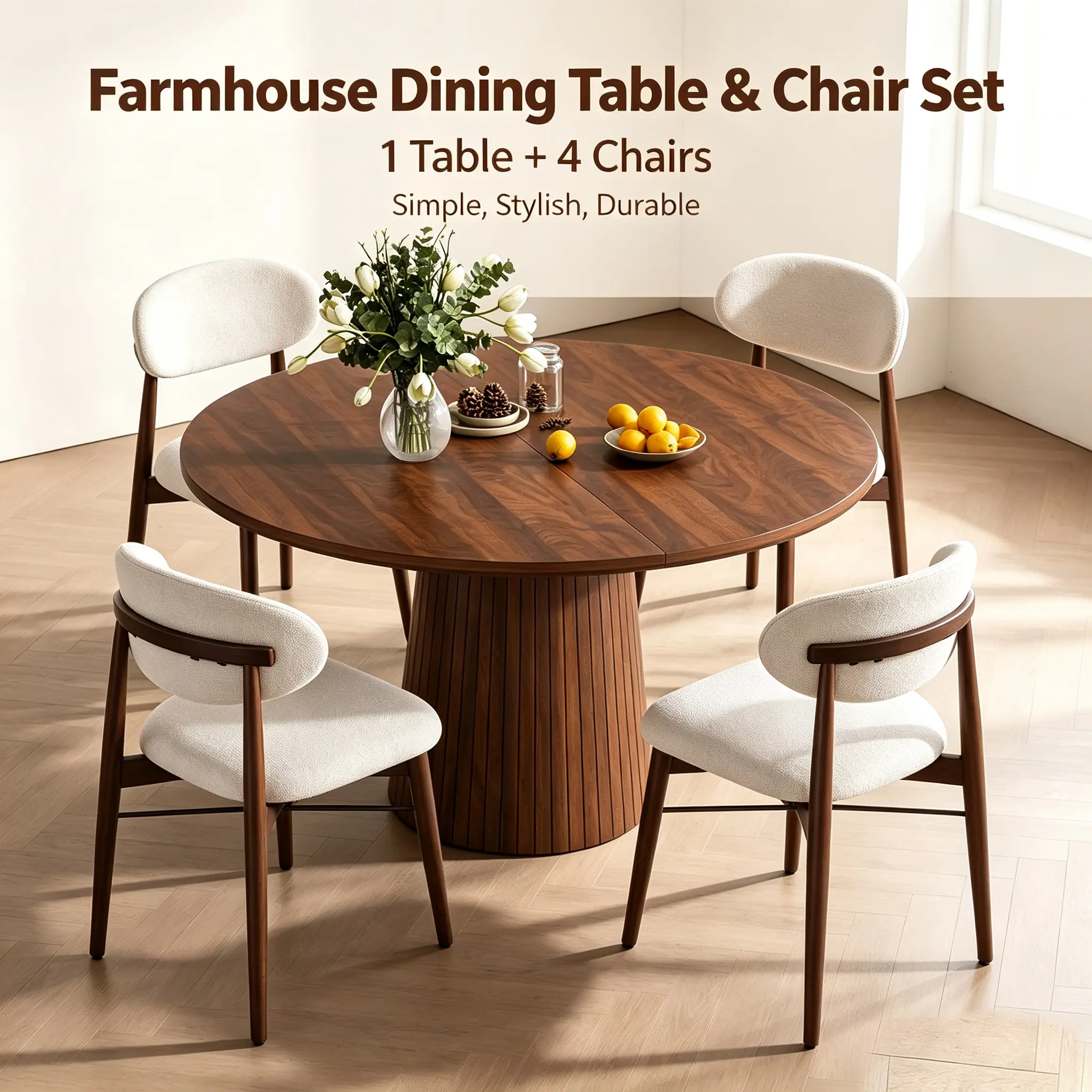 5-Piece Set – 47" Round Dining Table & 4 Upholstered Chairs, Space-Saving Modern Farmhouse Design, Walnut Finish for Dining/Living Room.