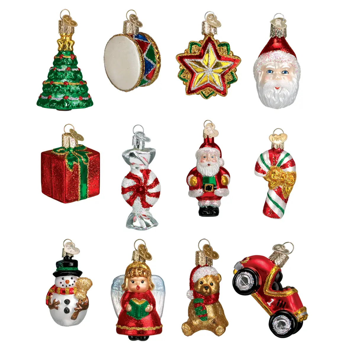 Mini Christmas Ornament Set - Blown Glass Ornaments Decor with Figurine, Peppermint Candy Accents & Gift Boxes for Festive Home Tree Decoration