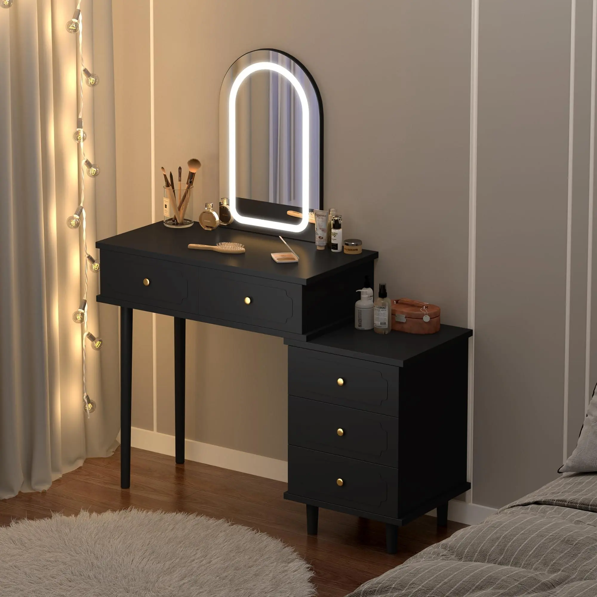 Garvee Modern Wood Finish Makeup Vanity Desk with Lighted Mirror - Makeup Table with Adjustable Storage, 2-Drawer Desk, 3-Drawer Cabinet for Bedroom, Black