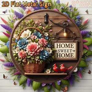 Round TIN Metal Sign 8*8IN Hanging Sign with Flower Basket & Letter Pattern Wall Hanging Decor for Home Living Room Bedroom Hangable8*8IN