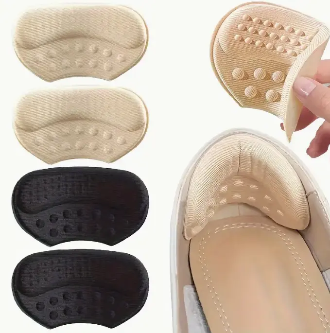 2 Pairs of 4 Pack Anti-Slip and Anti-Blister Self-Adhesive Heel Pads | Hypoallergenic Polyester, Beige, Black, and Brown - Insoles for Too Large Shoes