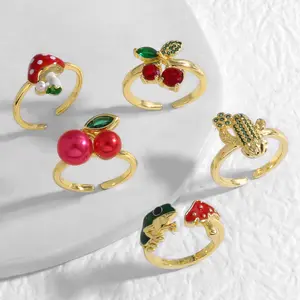 AS Jewelry Amazon Cross-Border Oil Drop Fruit Cherry Mushroom Ring Copper Plated 18k Gold Ring