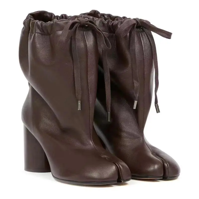Women's Split Toe Ankle Boots with Chunky Heel and Drawstring Closure, Fashion Street Style Footwear for Autumn Winter