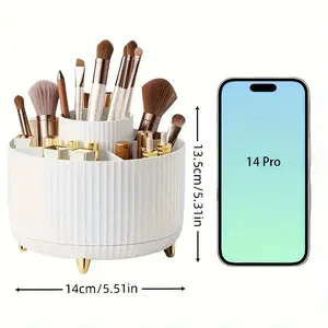 360-Degree Rotating Makeup Organizer Box, 5-Grid Plastic Cosmetic Storage Rack with Luxury Stripe Design, Portable Brush Holder and Beauty Organizer, Makeup Tool Organizer