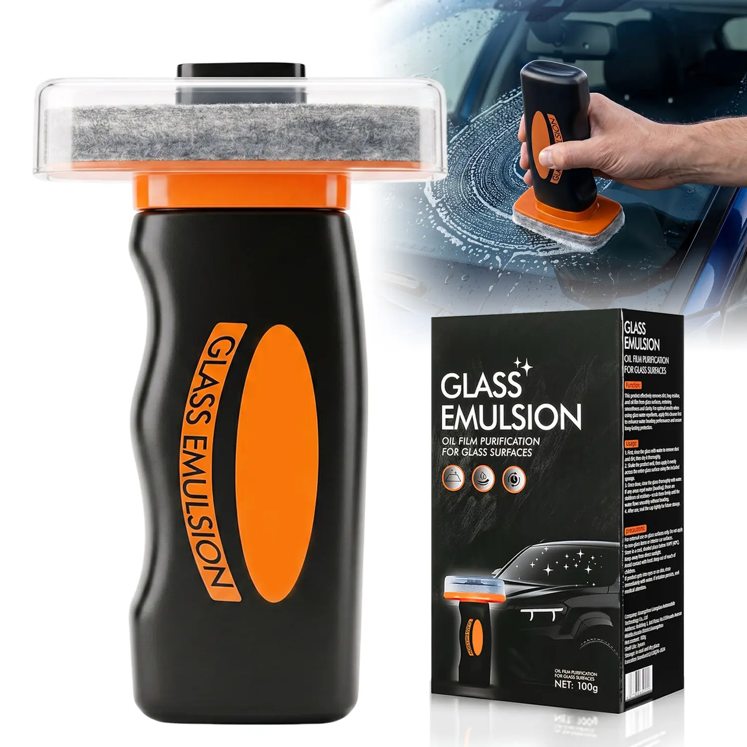 Glass Emulsion Cleaner & Glass Oil Film Remover for Cars – Roll-On Glass Guard with Brush, Removes Oil, Grease & Fog, Anti-Fog Windshield Cleaner for Clear Driving Visibility 100g