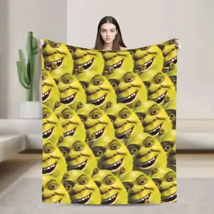 Shrek Face All Over Print Throw Blanket, Soft Fuzzy Flannel Blanket, Funny Shrek Meme Cozy Warm Blanket for Couch Bed Sofa Travel, Cute Cartoon Green Ogre Blanket for Kids Teens Adults Movie Fan
