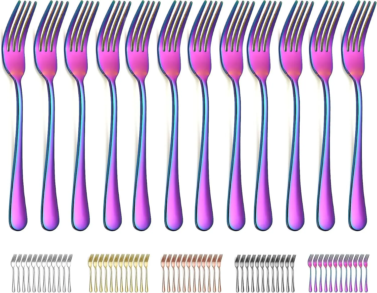 Rainbow Dinner Fork 12 Pieces, Rainbow Titanium Plating Stainless Steel 8.07inch Forks, Cake Forks, Table Forks,Dessert Forks, Easy To Clean, Dishwasher Safe