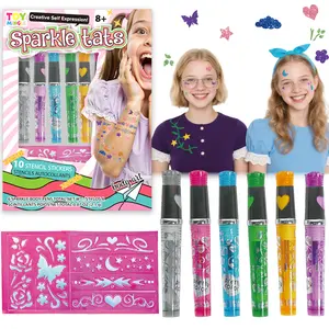 TOYMINGLE Sparkle Tats Glitter Tattoo Kit - Temporary Tattoo Pens with Shimmery Ink & Stencils | Washable Body Art Set for Kids Ages 6+ | Perfect Party Gift & Festival Face Glitter Makeup Gentle   Body Cosmetic