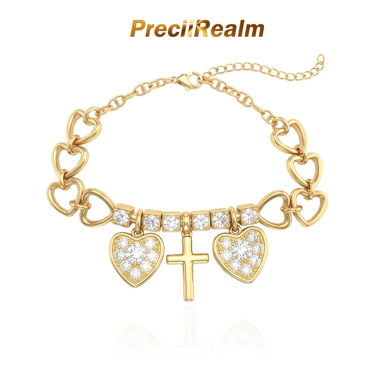 PreciiRealm Women's 14K Gold Cubic Zirconia Cross & Heart Bracelet - Trendy Jewelry Gifts for Women - Adjustable Trendy Jewelry Gifts