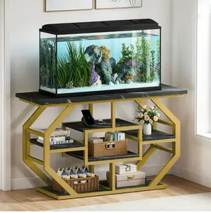 55-75 Gal Aquarium Stand with Power Outlet – Faux Marble Fish Tank Stand for Turtle Tank, Reptile Terrarium, 860 lbs Capacity - Black & Gold