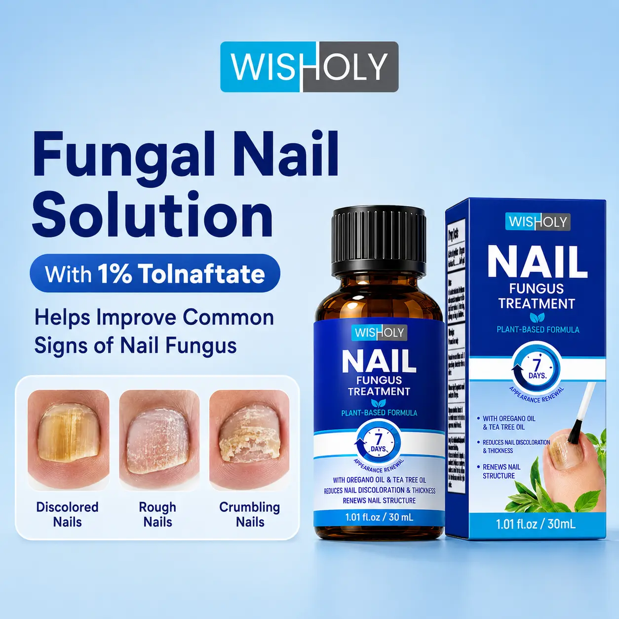 Wisholy 1% Tolnaftate Plant-Based Nail Solution, Gentle Care for Thick & Brittle Nails, 1.01 Fl Oz - Hongos en las uñas