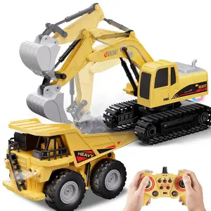 RC Excavator and Dump Truck Toy Set for Kids, 2.4Ghz 11 Channel Dual Control Remote Control Construction Vehicle with Light, Sound, Music & Auto Demo, Christmas Birthday Gifts for Boys Girls Ages 3-8