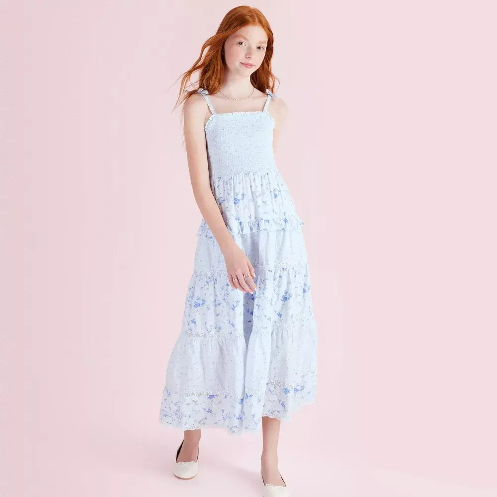 Girls' Stella Budding Florals Tiered Maxi Dress - LoveShackFancy Blue 12