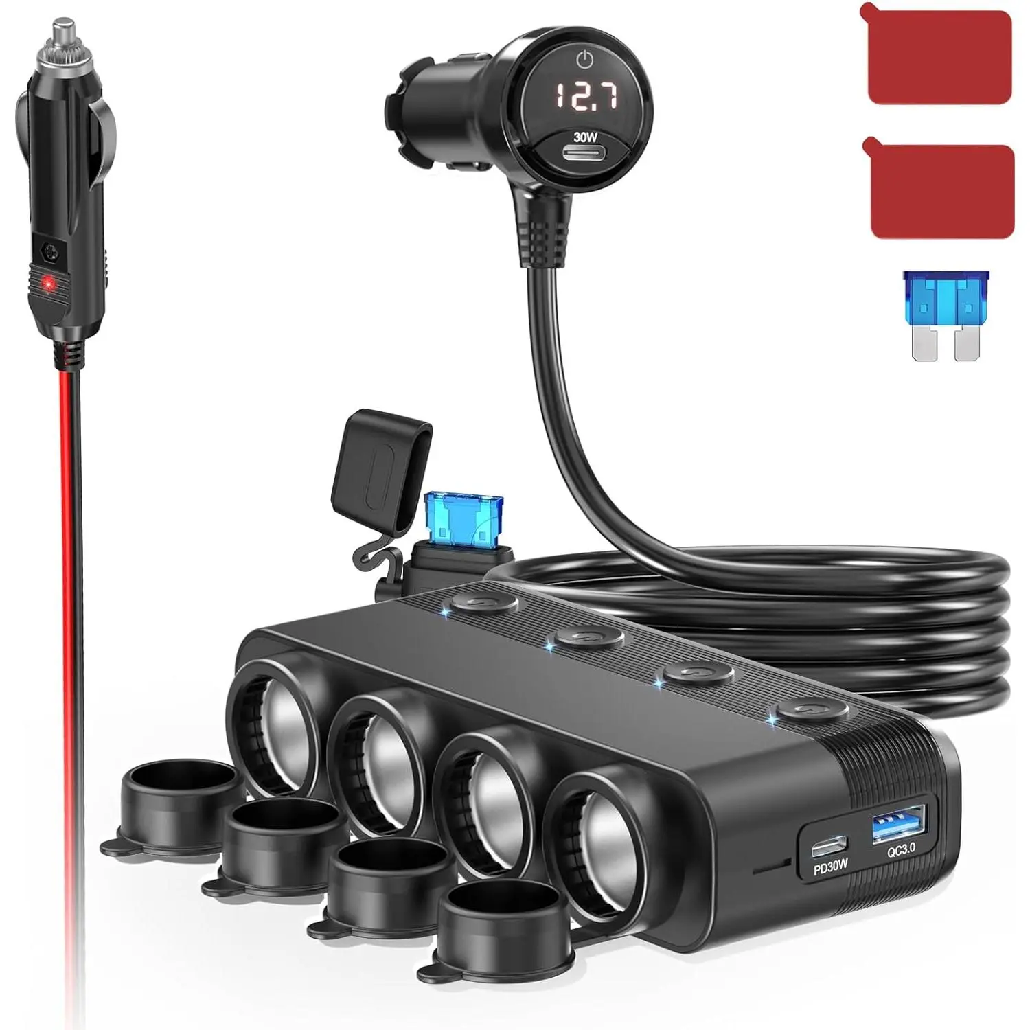 4 way cigarette lighter adapter Cigarette Lighter Splitter,300W 4-Socket Car Charger Adapter with Dual  PD30W Type C & QC18W USB，12V/24V Car Splitter Adapter with Independent  Switches & LED Voltage Display for All Car Devices