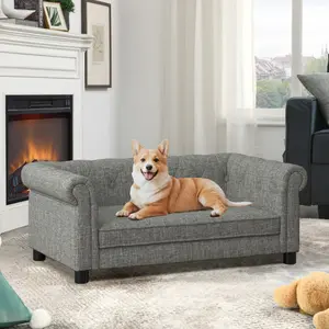 Elegant rectangular pet bed for small and medium-sized dogs, durable elevated dog sofa bed, comfortable dog sofa, modern and fashionable linen fabric dog sofa-Light grey    RR