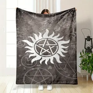 Supernatural Anti-Possession Symbol Blanket, featuring the iconic sun-pentacle sigil from the hit series, printed on a vintage grunge background with occult-inspired runes and symbols. Soft, cozy a