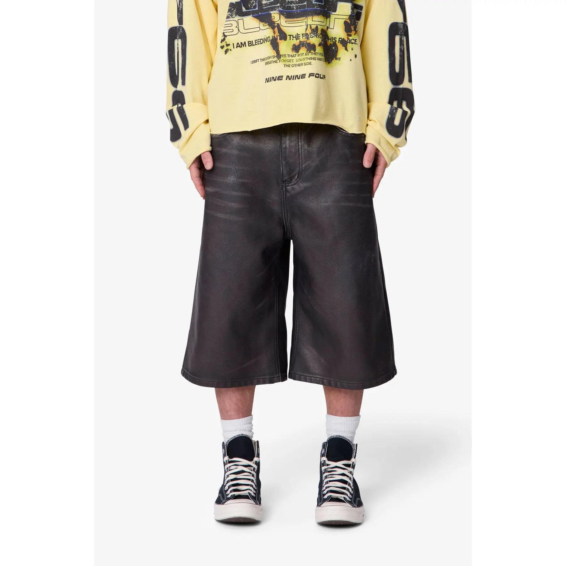 mnml Ultra Baggy Washed Leather Shorts - Black