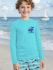 Boys Long Sleeve Shorts Swimwear Cartoon Print, Children Beach Vacation Sandsuit Set, Casual Loose-Fitting Swimsuit, Swimwear Sets, Swimsuits With Shorts, Swimming Suit
