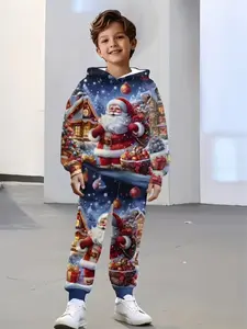 Boys' Digital Print Hoodie and Pants Set, Christmas Hooded Pullover Long Pants Two-Piece Set, Fall Winter Outdoor Wear Essential
