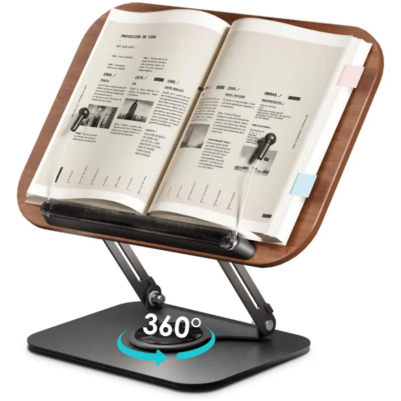 Adjustable Book Stand for Books/Tablets - 360° Rotating Base, Height-Angle Customizable, Foldable, Portable, Lightweight Desk Organizer for Office, School, Kitchen (Fits Textbooks, Recipes, Magazines, Kindle) DW, Rotates 360°