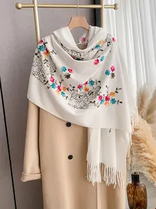 Floral Print Fringe Scarf, Elegant Soft Warm Thick Shawl, Unisex Fashion Accessory, Perfect for Fall & Winter, Embroidery Shawl, Floral Pattern Shawl, Embroidered Scarf