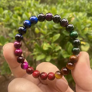 1pc 8mm Multicolor Fantasy Camouflage Tiger Eye Bracelet - Polished Natural Gemstone Beads, Earth-toned Elegant Minimalist Design, Suitable for Daily Wear and Parties, Unisex Holiday Gift, Ocean-themed High-quality Beadwork