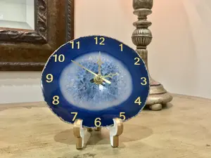 Natural Agate Crystal Stone Clock /Desk Clock Arabic  Numerals Decor Blue