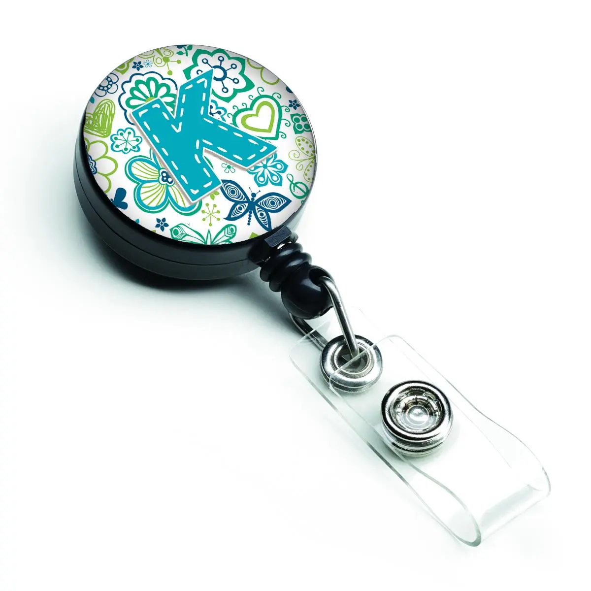 Carolines Treasures CJ2006-KBR Letter K Flowers & Butterflies Teal Blue Retractable Badge Reel