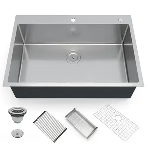 Silver Kitchen Sink, 30 Inch Brushed Nickel Topmount Kitchen Bar Sink, Stainless Steel 16 Guage Single Bowl Kitchen Sinks, Family and Bar Sink with Full Accessories