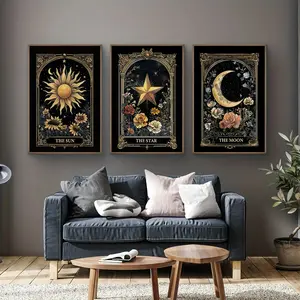 3pcs/set Of Sun, Stars, Moon Tarot Art Wall Decoration Paintings, Astrological Retro Wall Art Posters, Room Decoration, Living Room Decoration, Modern Home Decor