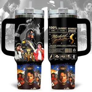 Michael Jackson Tumbler 40oz With Handle, King of Pop Collage Mug, MJ Fan Gift, Music Legend Travel Cup, Retro Pop Star Drinkware