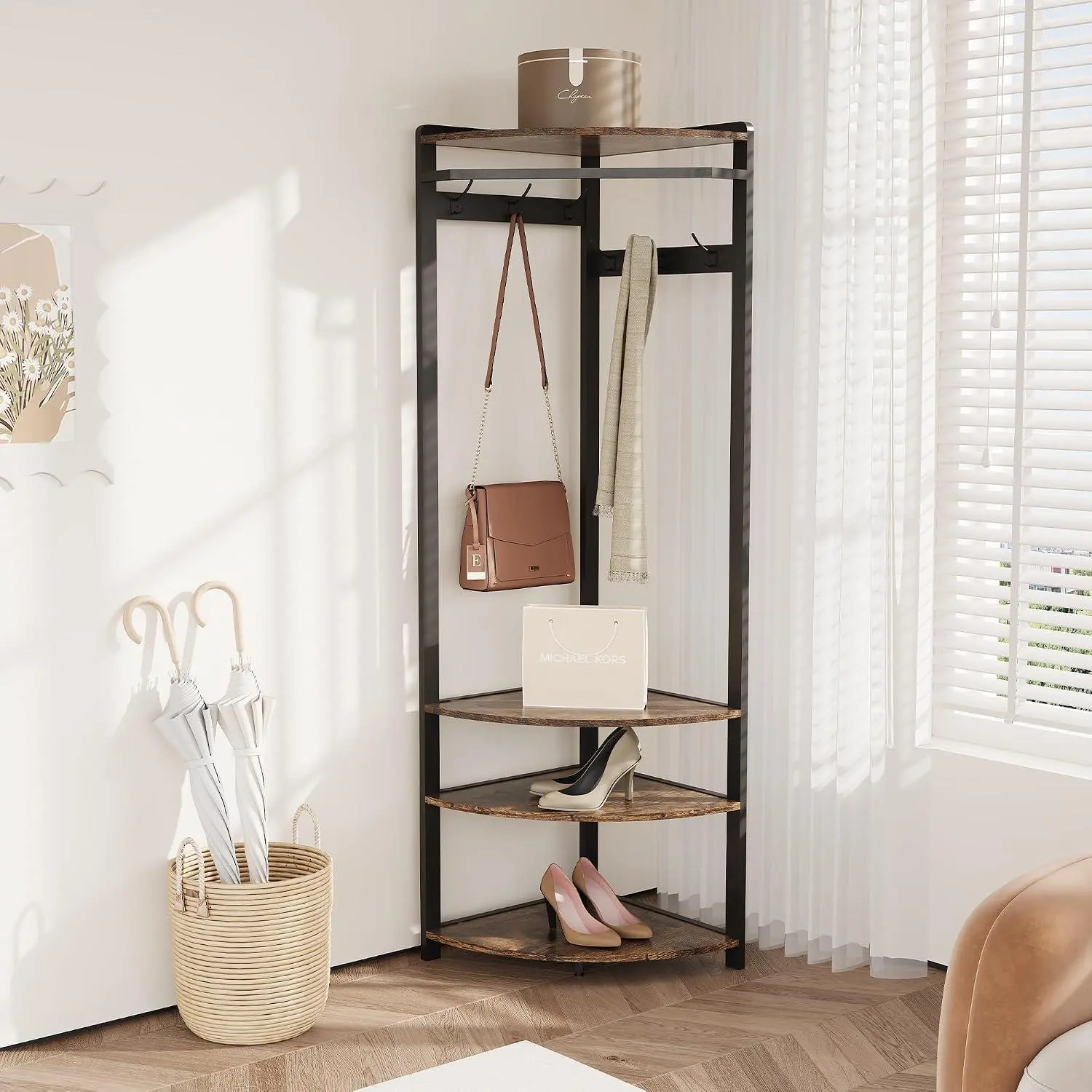 3-in-1 Narrow Corner Coat Rack Stand with Shoe Bench & Storage Shelf – 70.8" Tall Entryway Organizer for Hallway, Bedroom & Living Room – Space Saving Hooks & Shoe Rack