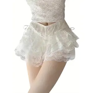 Women's Summer Lace Shorts Elastic Waist Layered Lace Ruffle Bow Shorts Bloomer Shorts Y2K Pettipants Pajama Sexy Boyshorts