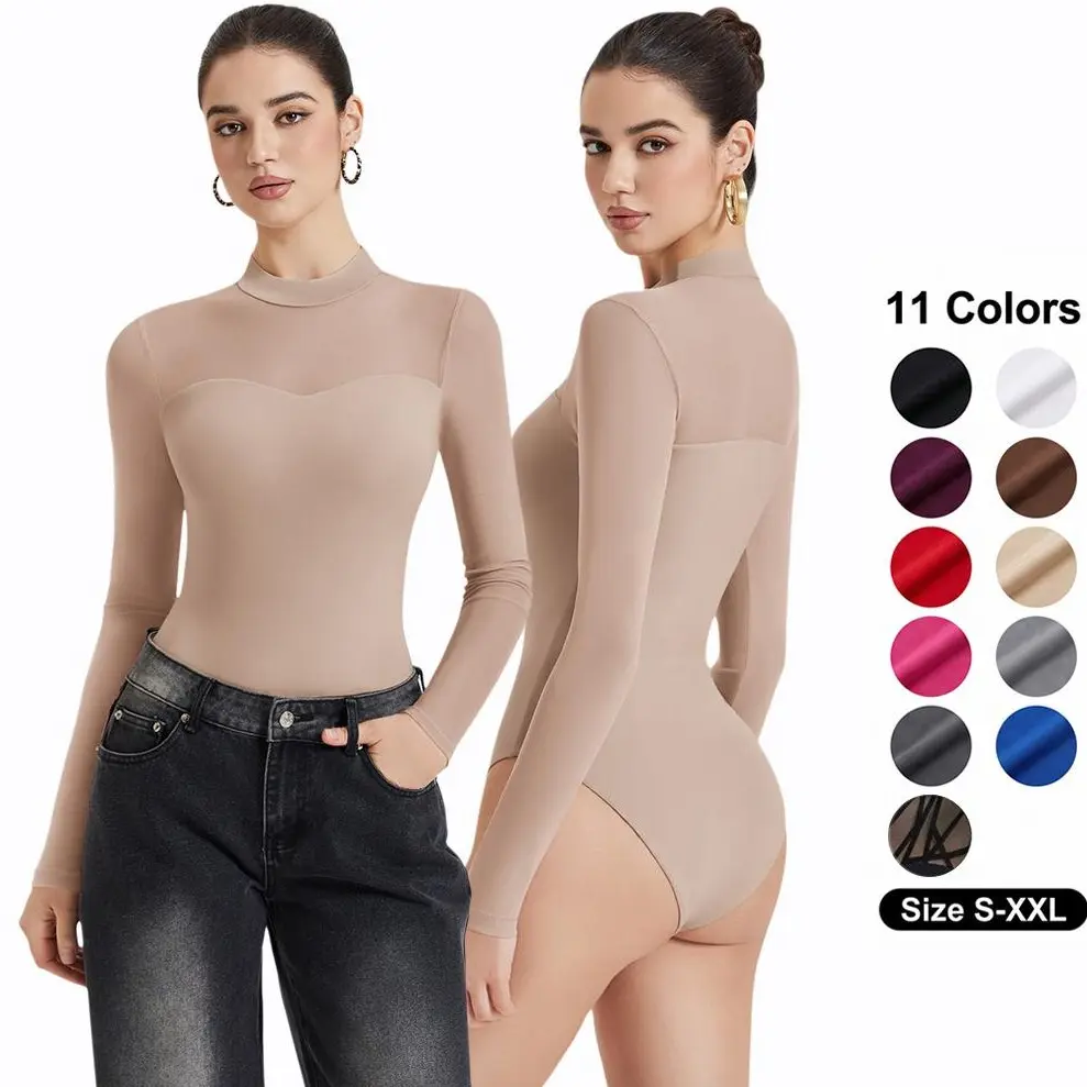 Avidlove Women's Mock Neck Sheer Mesh Long Sleeve Bodysuit Double Lined Slimming Body suit Going Out Tops