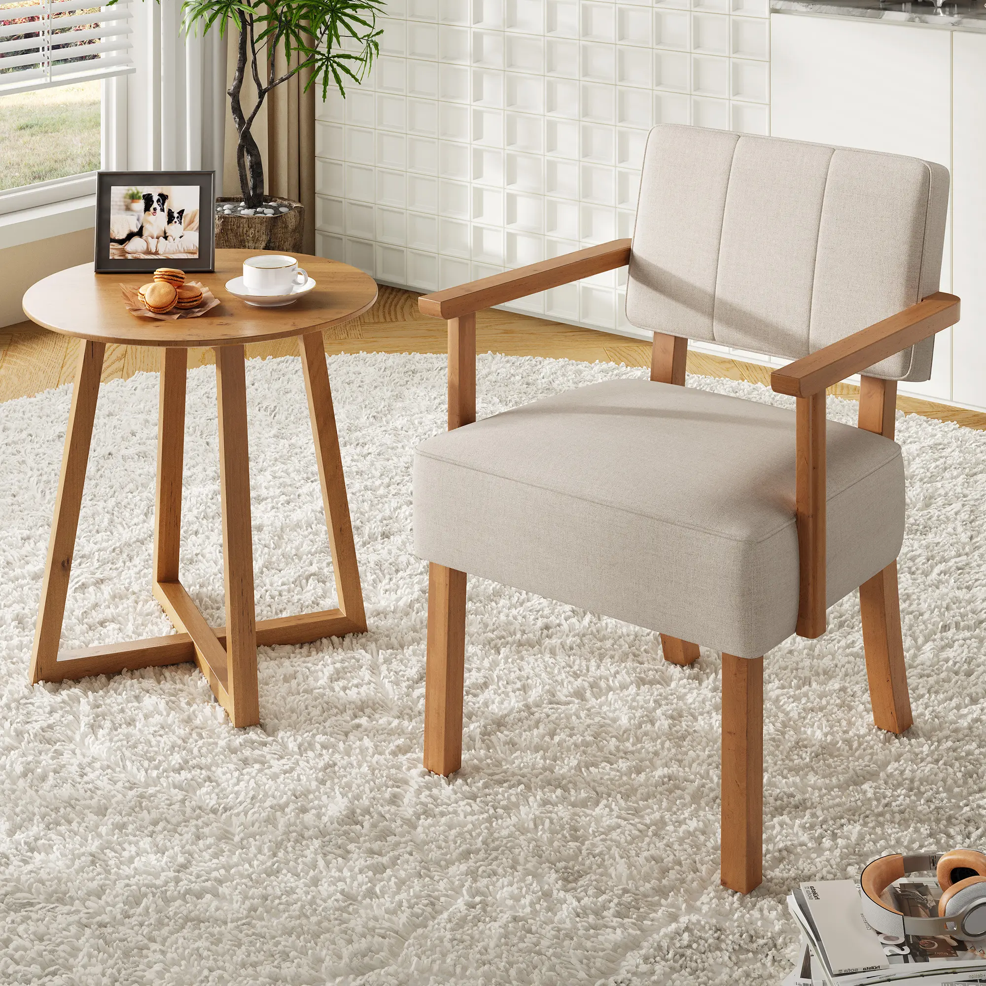 Garvee Linen Fabric Accent Chair, Mid-Century Modern Armchair with Classic Vertical Stripe, Reading Leisure Chair with Wood Frame for Living Room