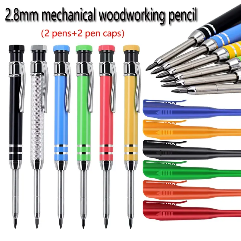 2.8mm High-quality Metal Woodworking Pencil Set, Drawing Pencils, Suitable for Deep Hole Marking, Woodworking Drawing Architect Tools, Deeply Loved By The European Market (2 Pens+2 Pen Caps)