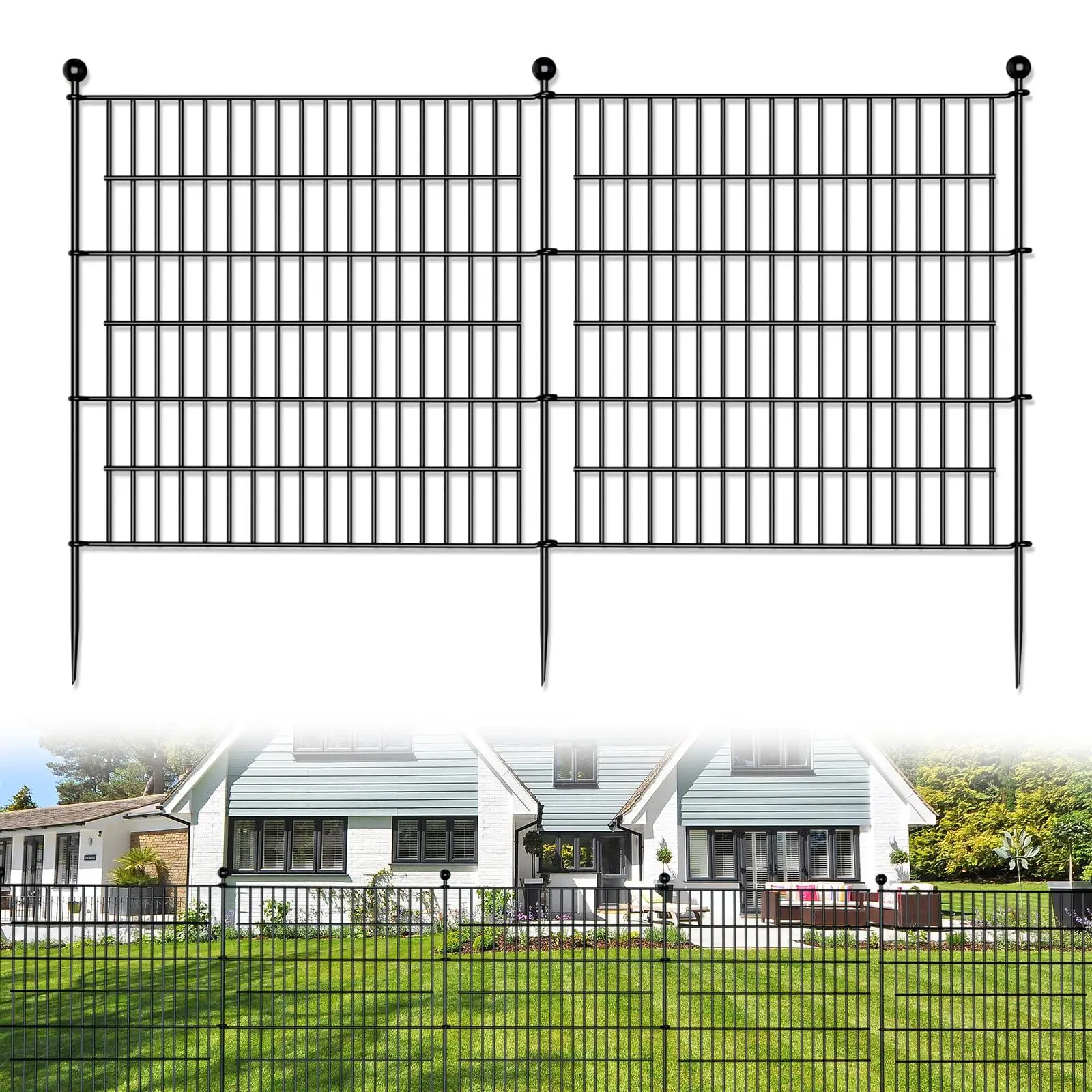 Black Dog Fence Outdoor,10 Panels No Dig Decorative Fence for Outdoor,Yard, Patio,32 in(H) X 24 Ft(L) Animal Barrier Rustproof Metal Wire Panel,Decorative Garden Fence