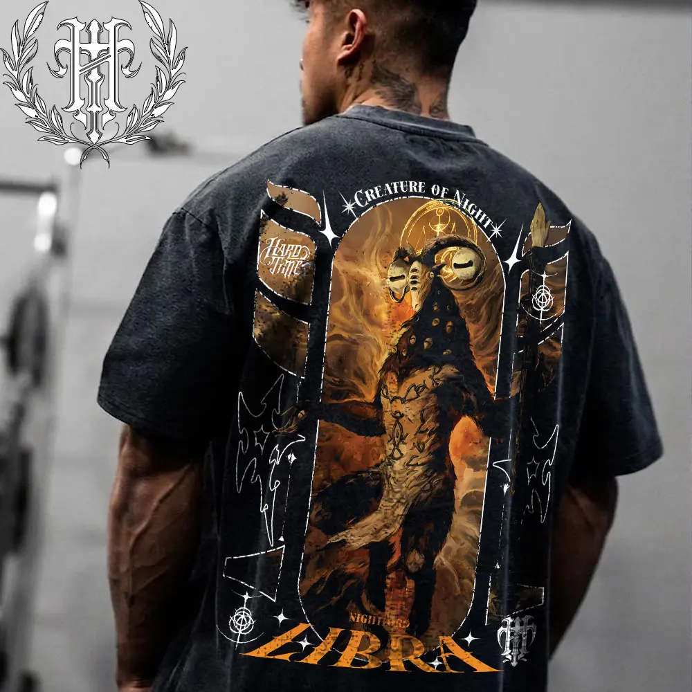 HardTimesClothing - Libra, Creature of Night Elden Ring Nightreign Retro Vintage Cotton Oversized Streetwear Tee, Y2K Gothic Grage Washed Anime Graphic T-Shirt 10phic Shirt, Acid Wash Heavyweight Cotton Unisex Gift