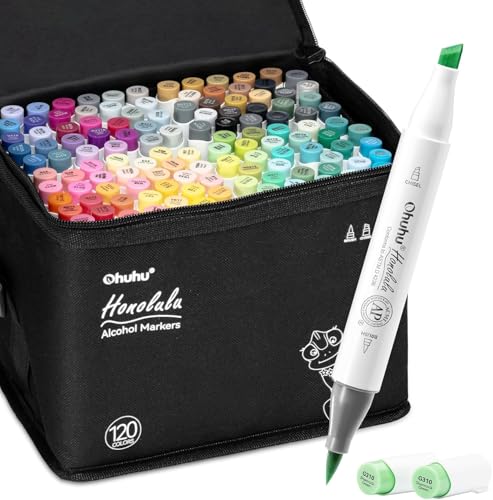 Ohuhu Alcohol Markers: Brush & Chisel / Fine - 120 Colors -Double Tipped Art Marker Set for Artist Adults Coloring Illustration - Refillable Alcohol-based Ink - Honolulu & B Series of Ohuhu - Women's Day Gift