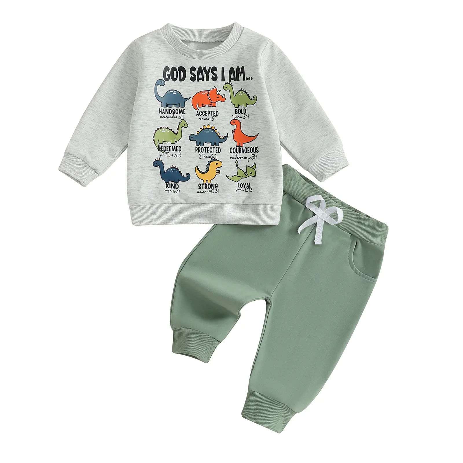 Toddler Baby Boy 2-Piece Dinosaur Religious Outfit Set, Cotton Blend Casual Clothing with Bible Verse Sweatshirt & Pants, Christian Fall Gift Set, Religious Theme