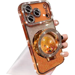 Glitter Kickstand Case for iPhone 17 Pro Max,Cute Bling Sparkly Diamond Rhinestones with Camera Lens Protector Liquid Flowing Ring Stand Soft TPU Women Girls Case for iPhone 17 Pro Max,Orange
